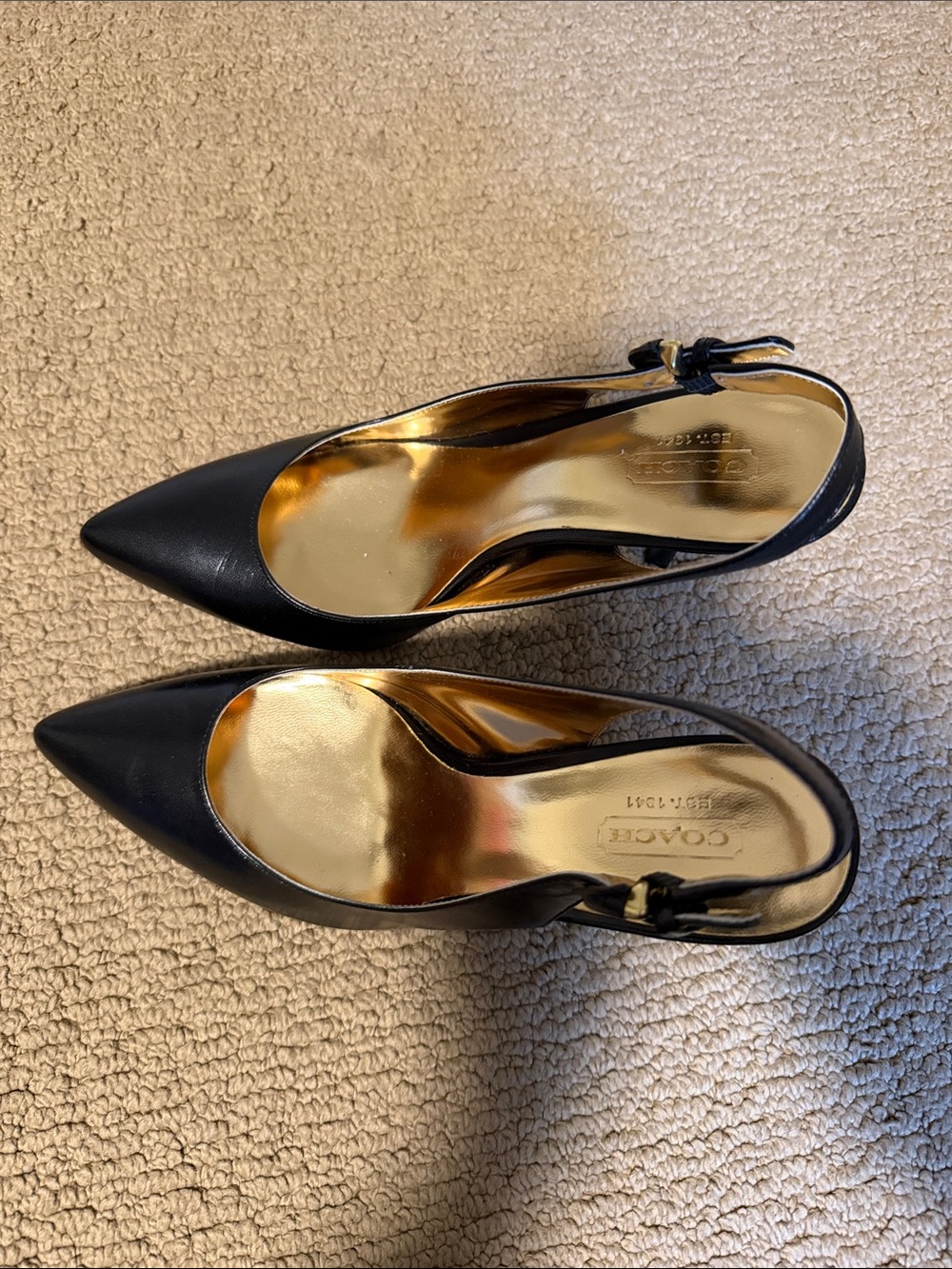 Coach Black Leather Pointed Slingback Pumps with Gold Insole